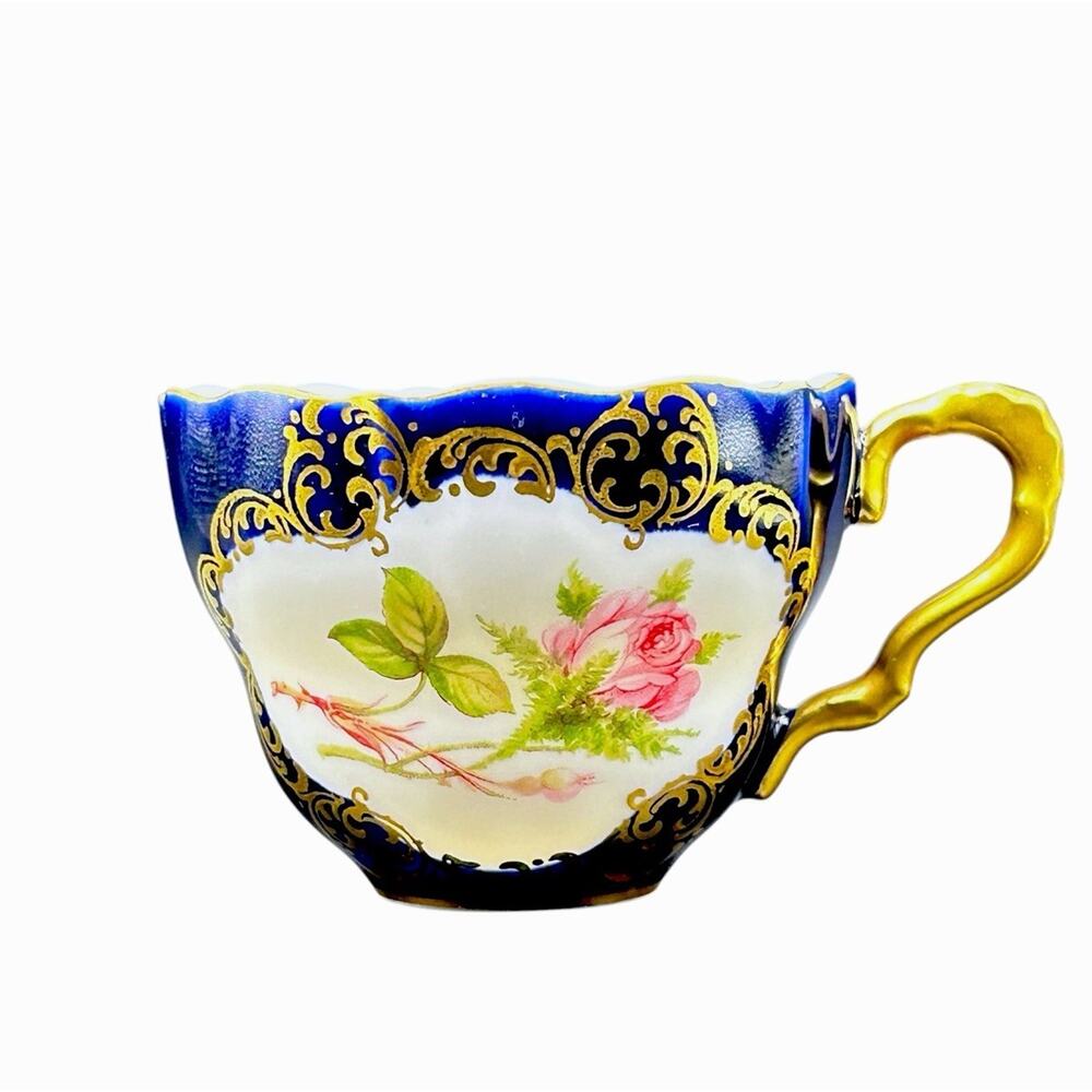 Vintage Lindner Bavaria Demitasse Cup Saucer Cobalt Gold Moss Rose Read - Picture 6 of 11